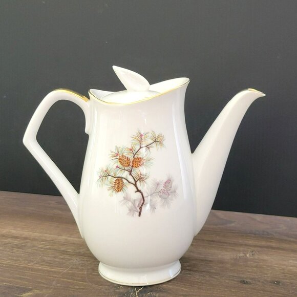 Vintage Pinecone Porcelain Coffee/Tea Pot With Lid, Brown & Gold Tree Branch & - Picture 2 of 13